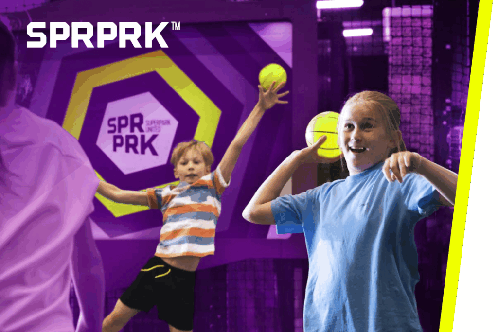 Young kids playing a ball throwing game, SPRPRK™ text